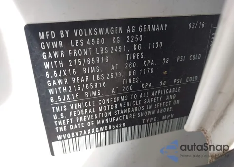2016 Volkswagen Tiguan S from USA, damaged, VIN WVGBV7AXXGW585428